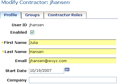 Sample Profile Tab for the Modify Contractor task